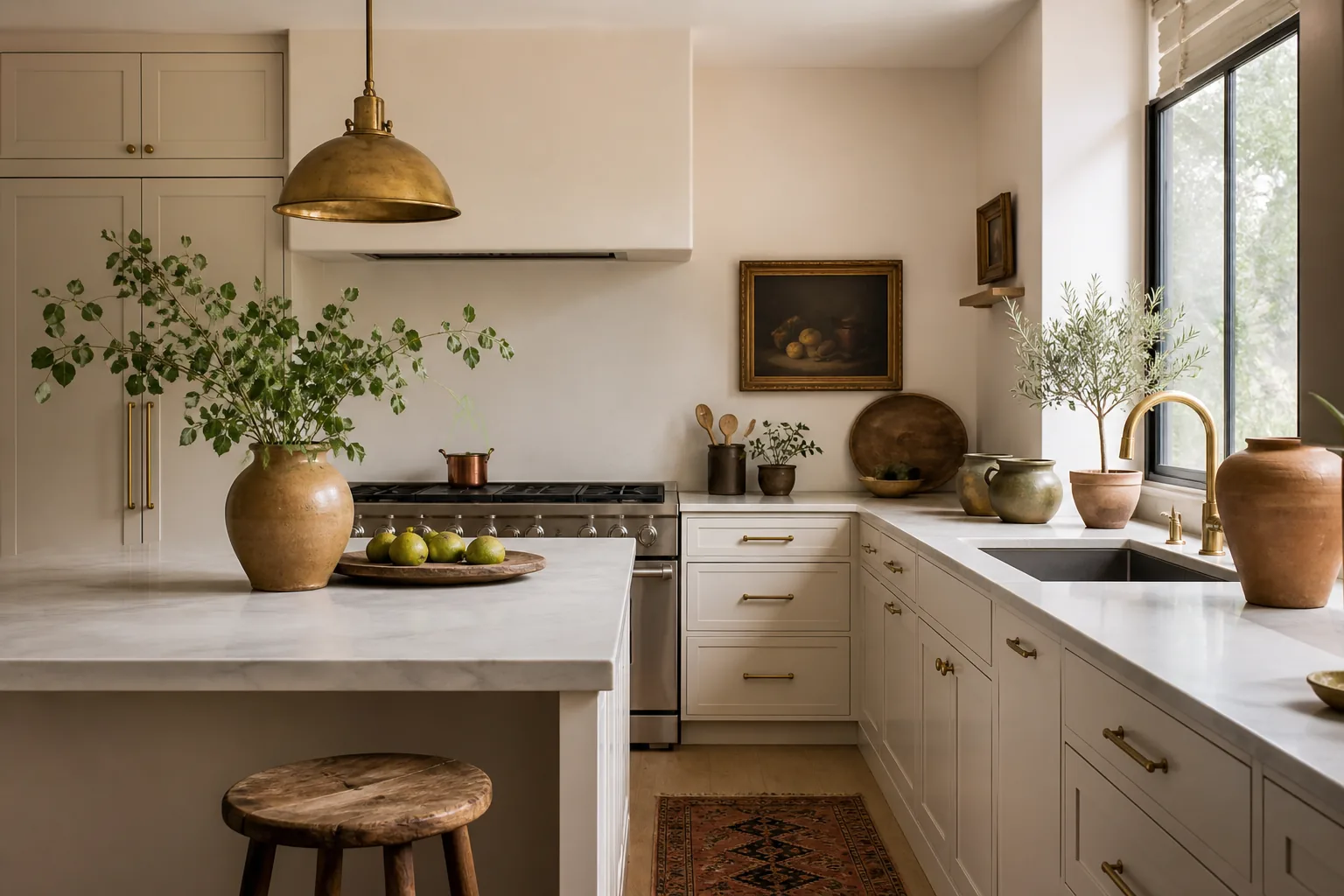 Modern cream kitchen decorated with vintage pottery, aged brass lighting and an antique wood stool
