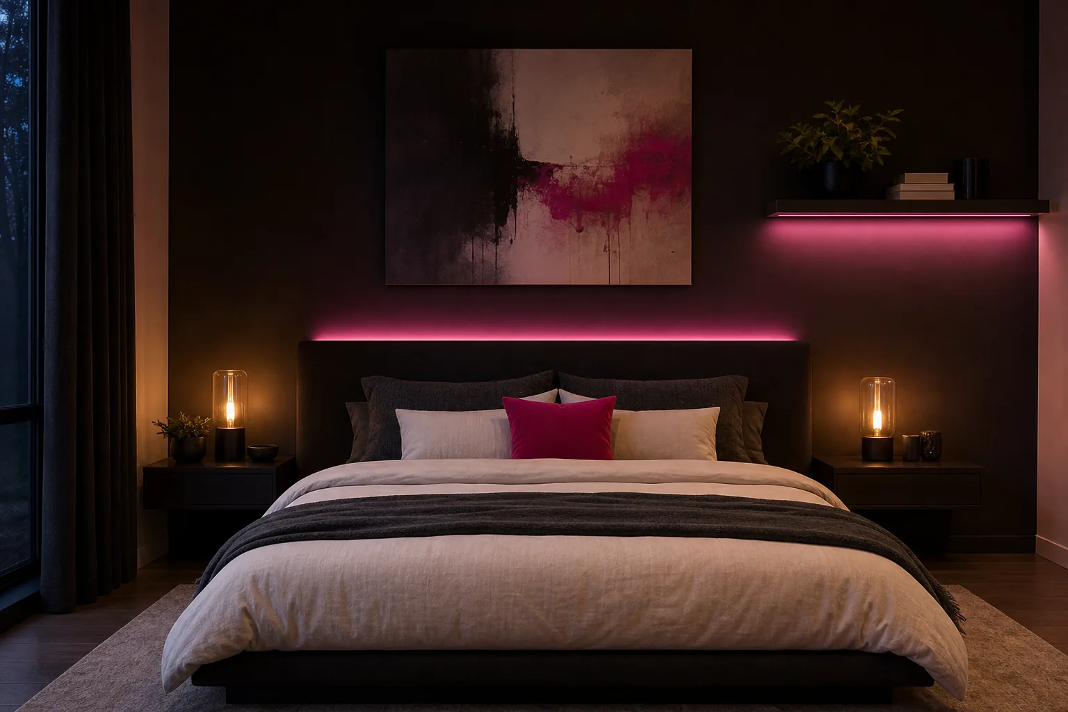 Contemporary black bedroom with a subtle pink neon light, warm lamps and restrained fuchsia accents