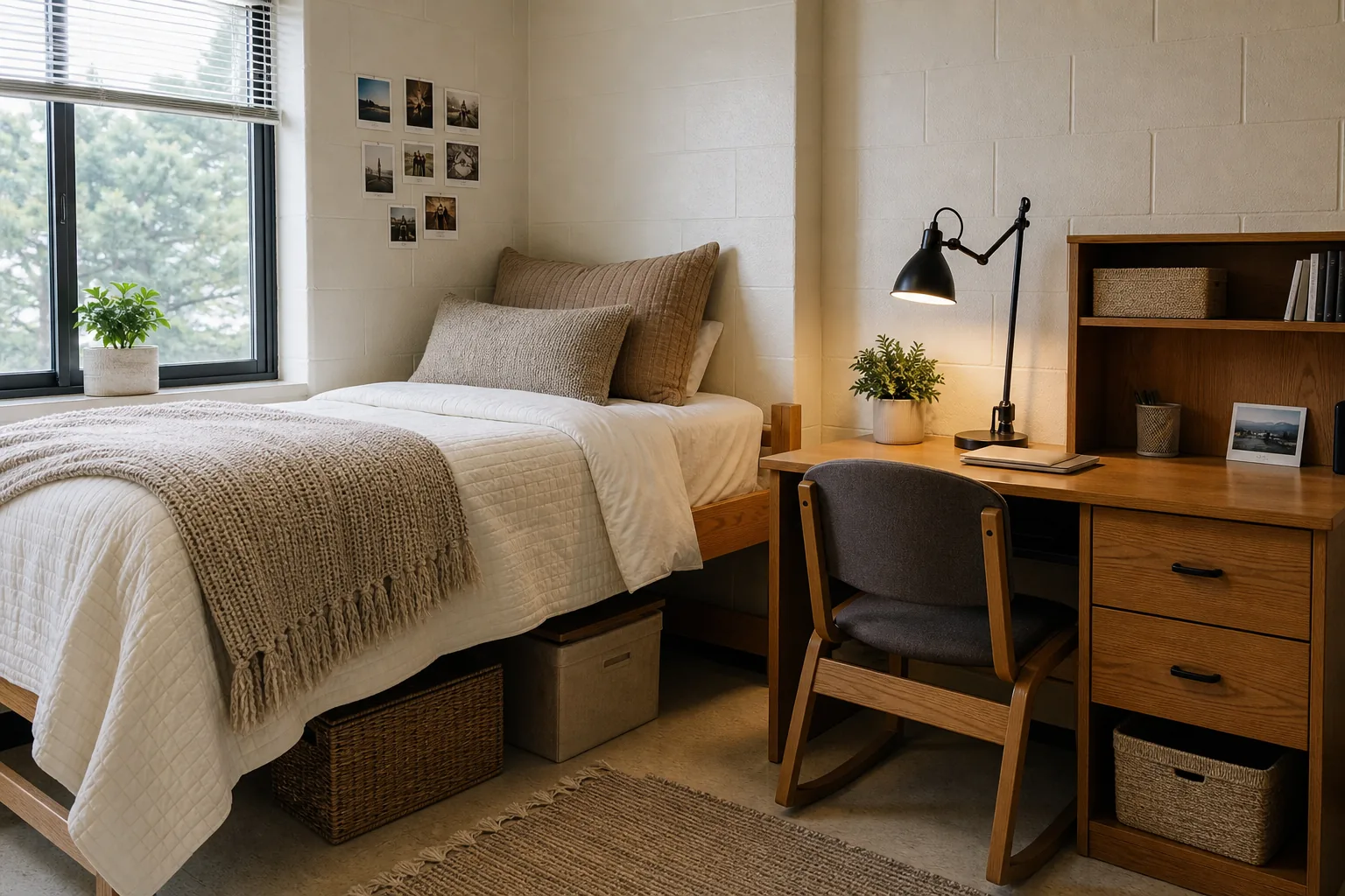 Cozy neutral dorm room with cream bedding, oatmeal throw, warm wood accents, woven storage and soft lighting