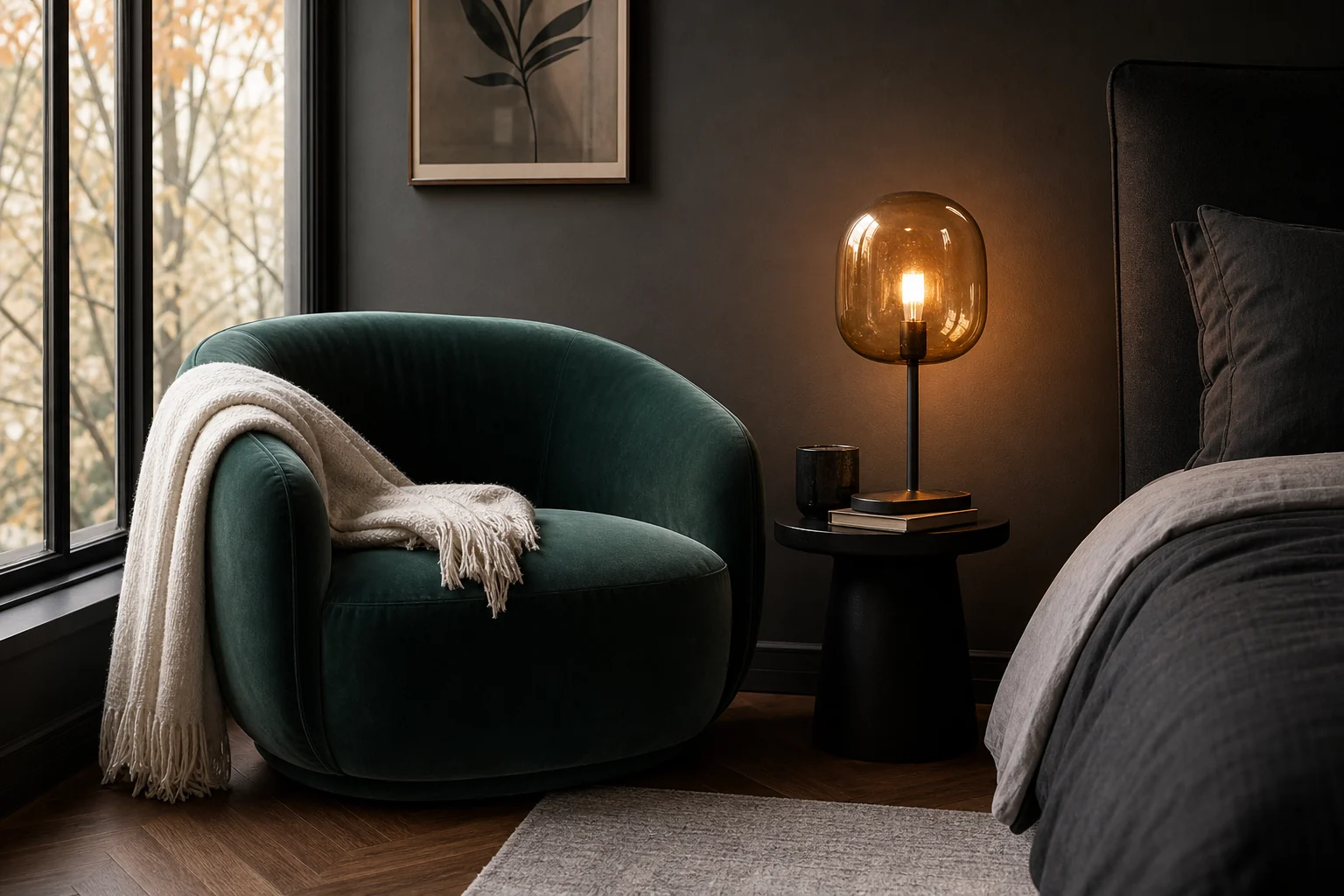 Moody bedroom reading corner with a curved emerald velvet chair, black side table and amber glass lamp