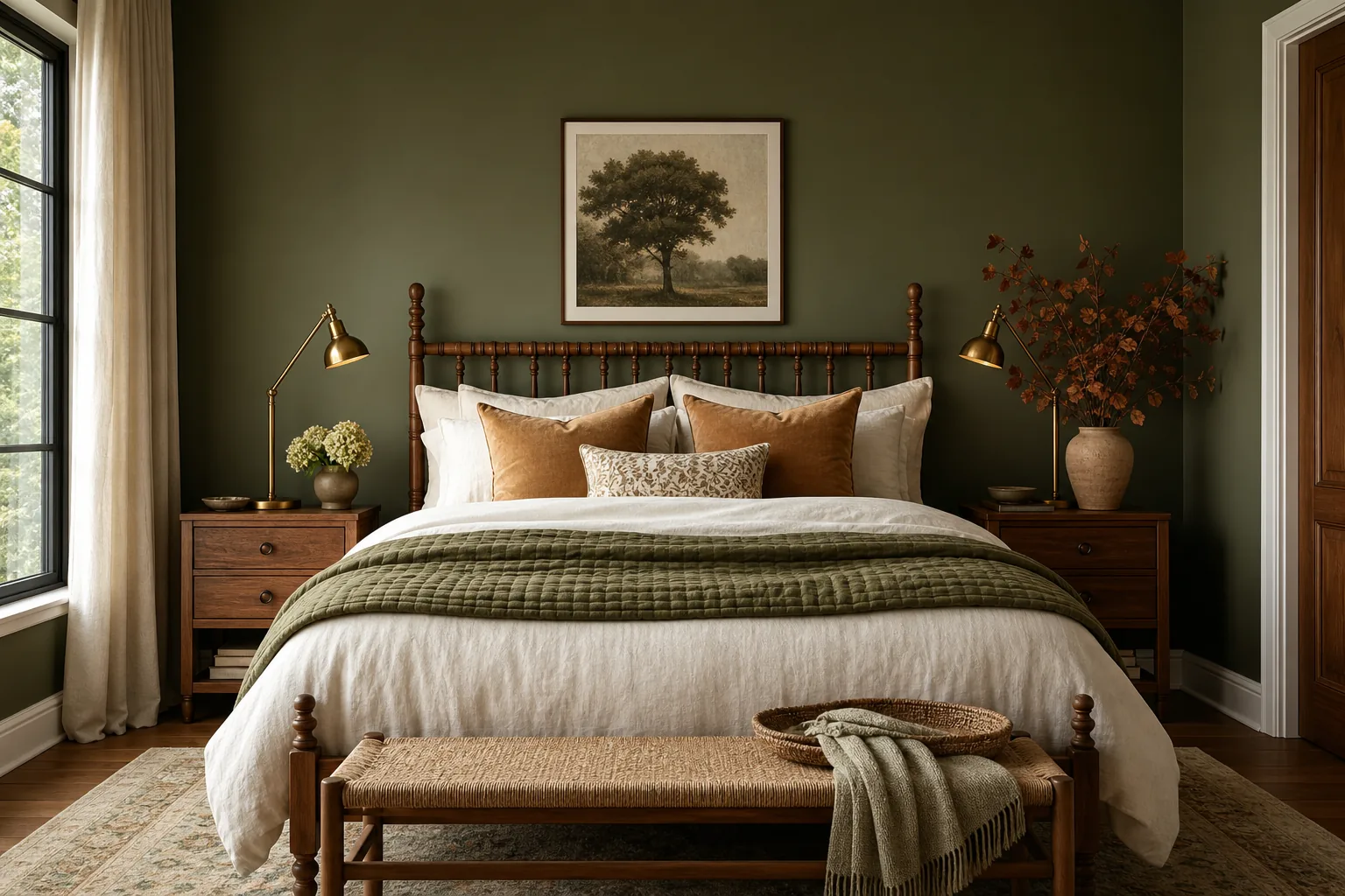 Forest green fall bedroom with a walnut spindle bed, moss quilt, camel pillows and brass reading lamps