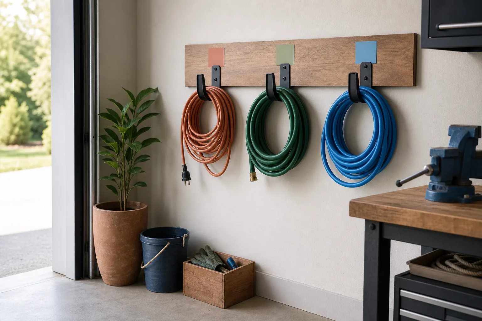 Garage wall with neatly coiled extension cords and hoses hanging on separate heavy-duty hooks