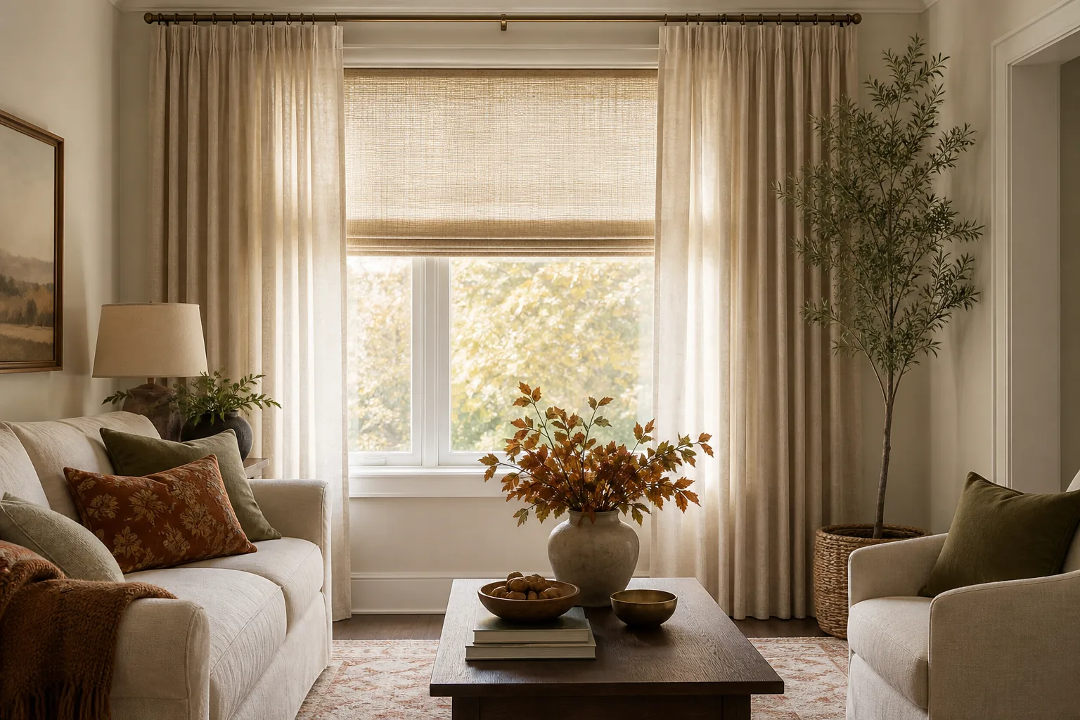 19 Fall Living Room Decor Ideas for 2026 That Feel Cozy and Collected 14 Fall living room window layered with warm oatmeal curtains and soft textured shades