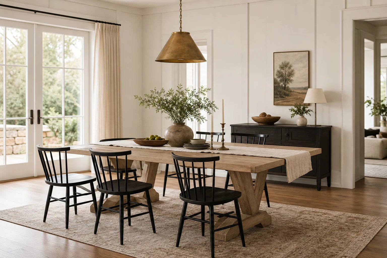 Refined modern farmhouse dining room with a pale oak table