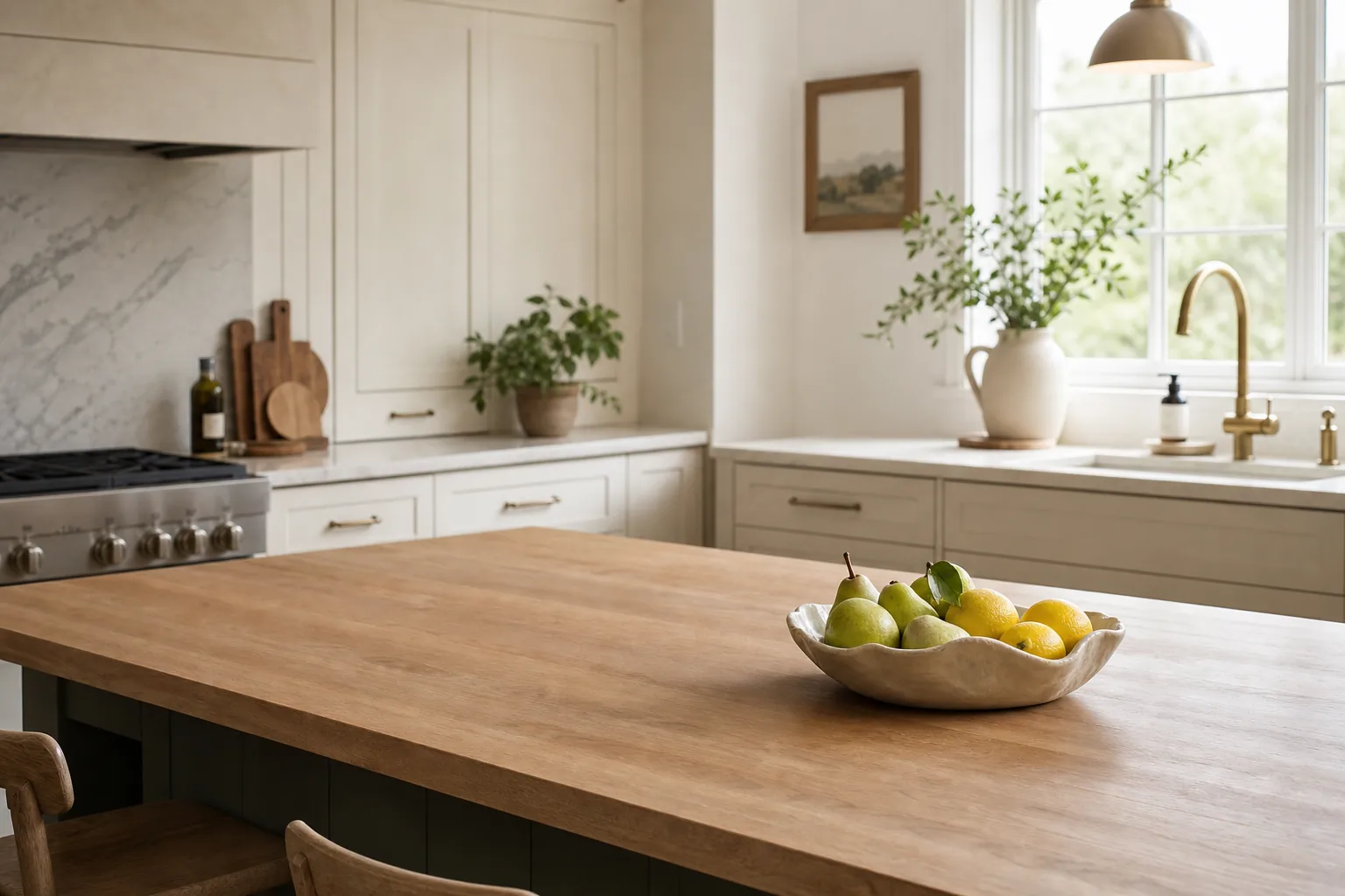 Minimal kitchen island with a sculptural ceramic fruit bowl filled with lemons and pears