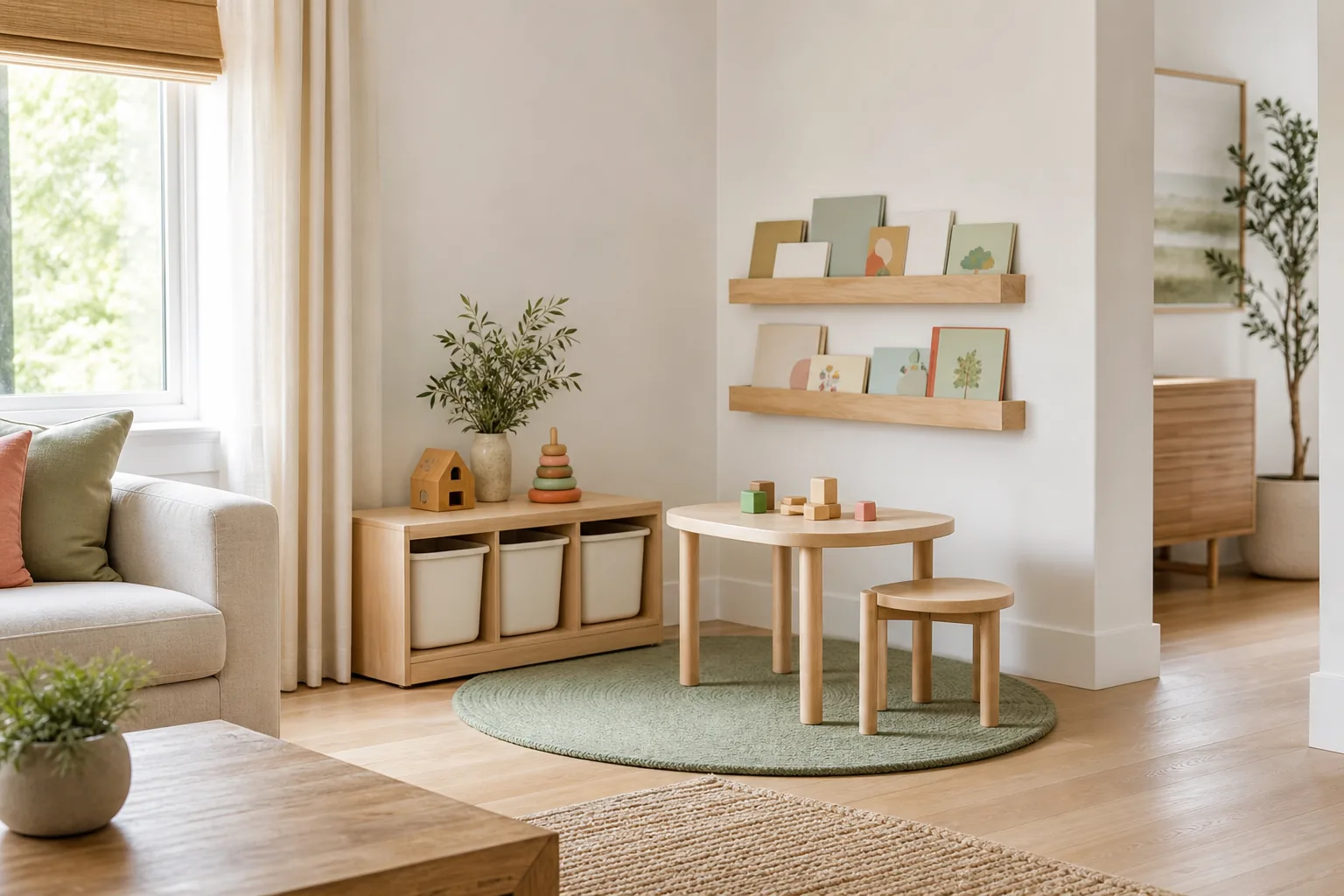 21 Playroom Inspiration Ideas for a Fun, Organized and Beautiful Kids' Space 14 Small living room corner transformed into a mini playroom with low shelves, a round rug and compact activity table
