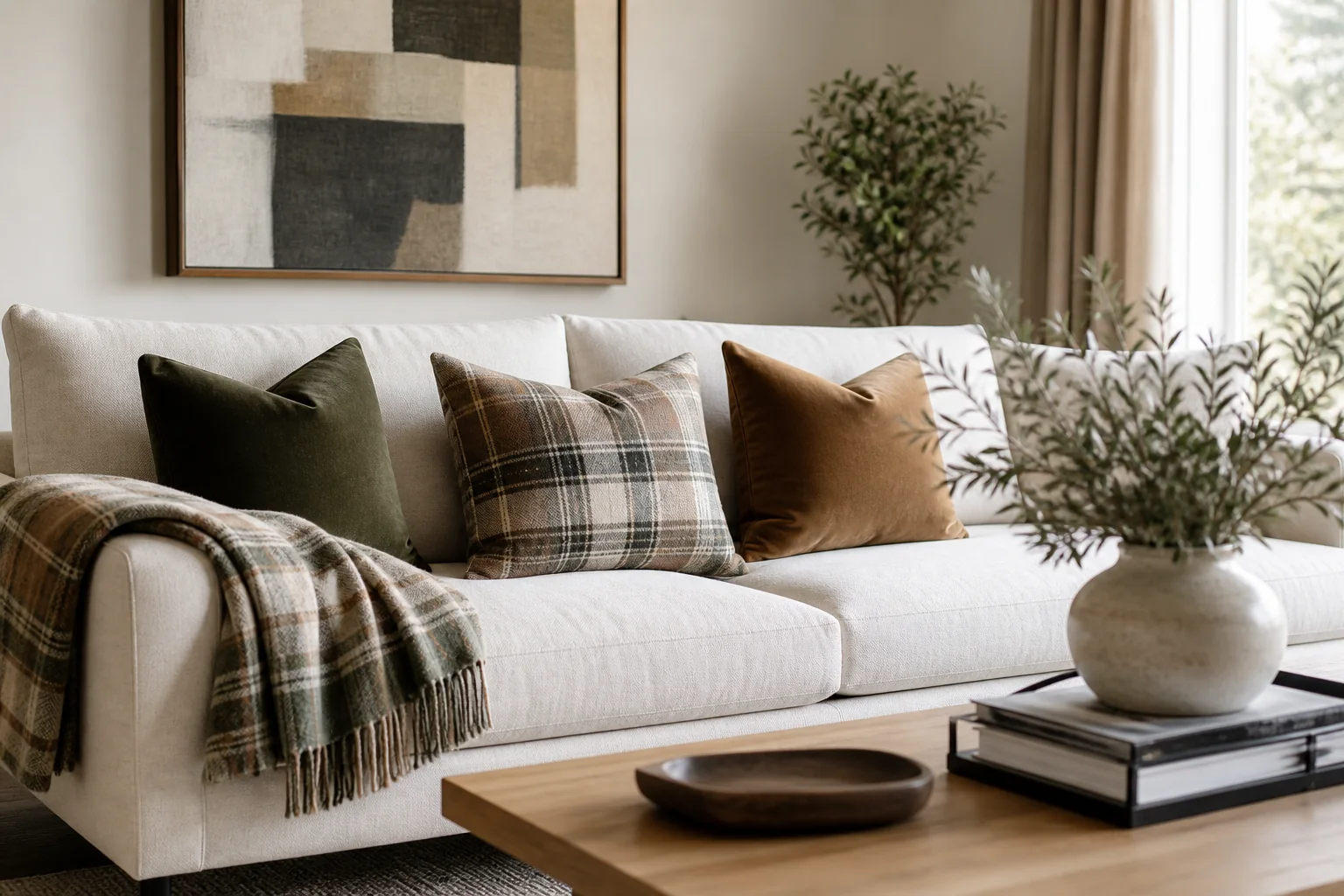 21 Cozy Fall Room Decor Ideas for a Warm, Aesthetic Home 13 Contemporary cream sofa decorated with restrained camel and olive plaid fall textiles