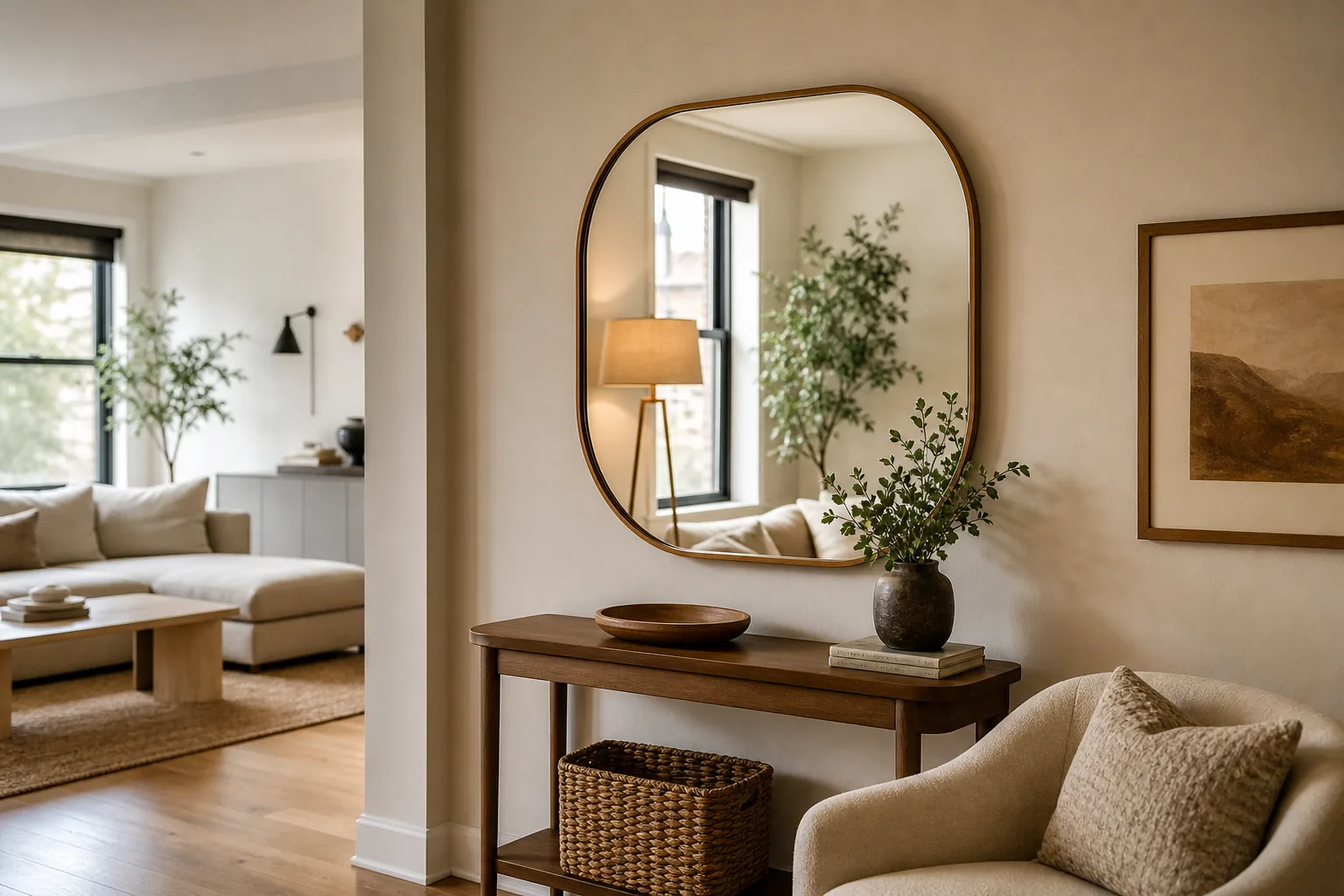 22 Cozy Apartment Aesthetic Ideas That Feel Warm, Not Cluttered 14 Rounded mirror reflecting warm window light in a small apartment with wood and linen decor