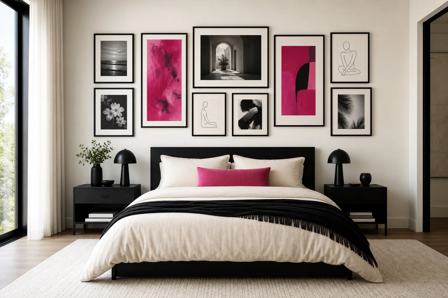 Bedroom gallery wall combining black frames, monochrome prints and bold hot pink abstract artwork