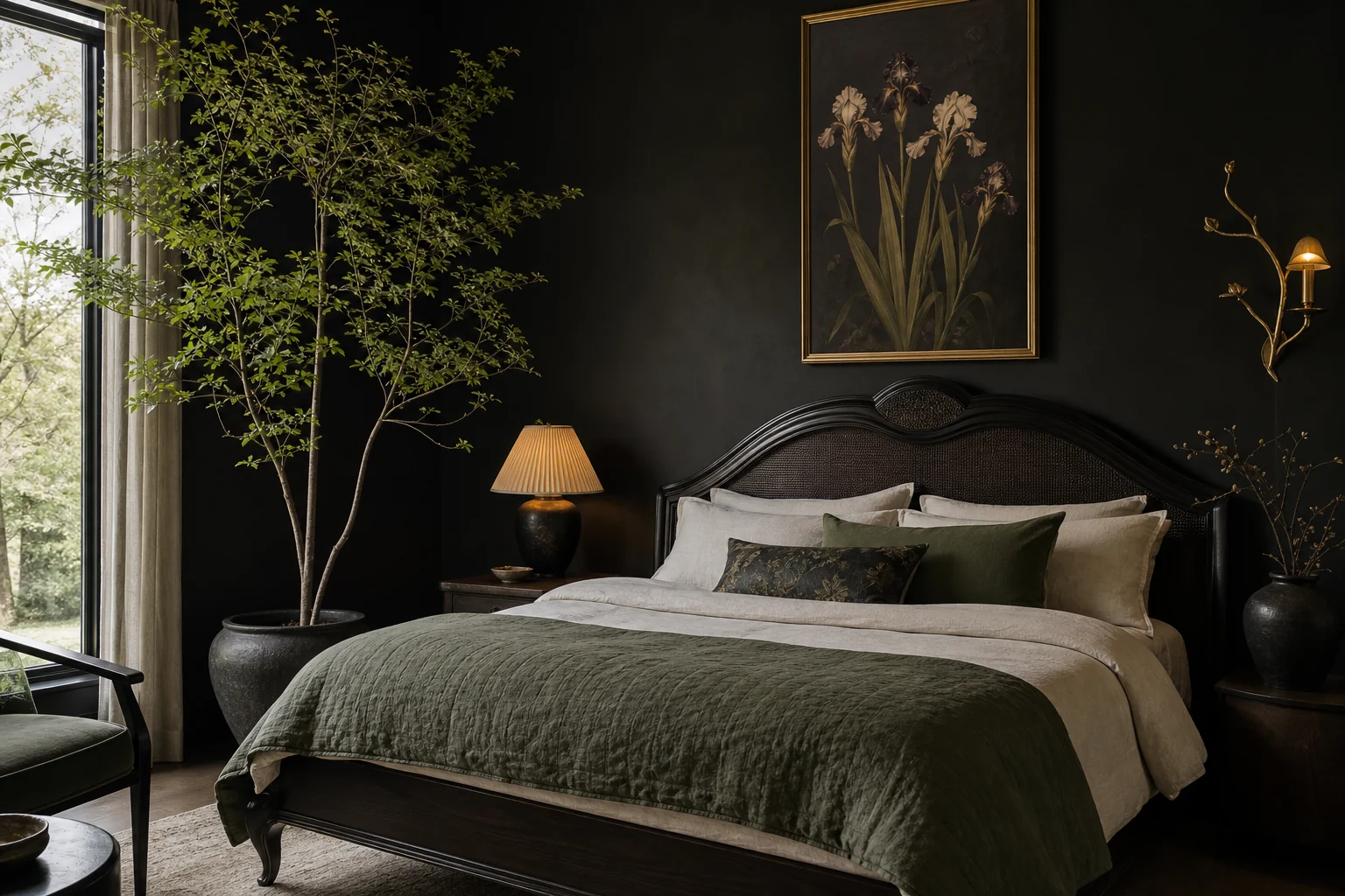 Dark artistic bedroom with sculptural plants, iris artwork, curved furniture and warm layered lighting