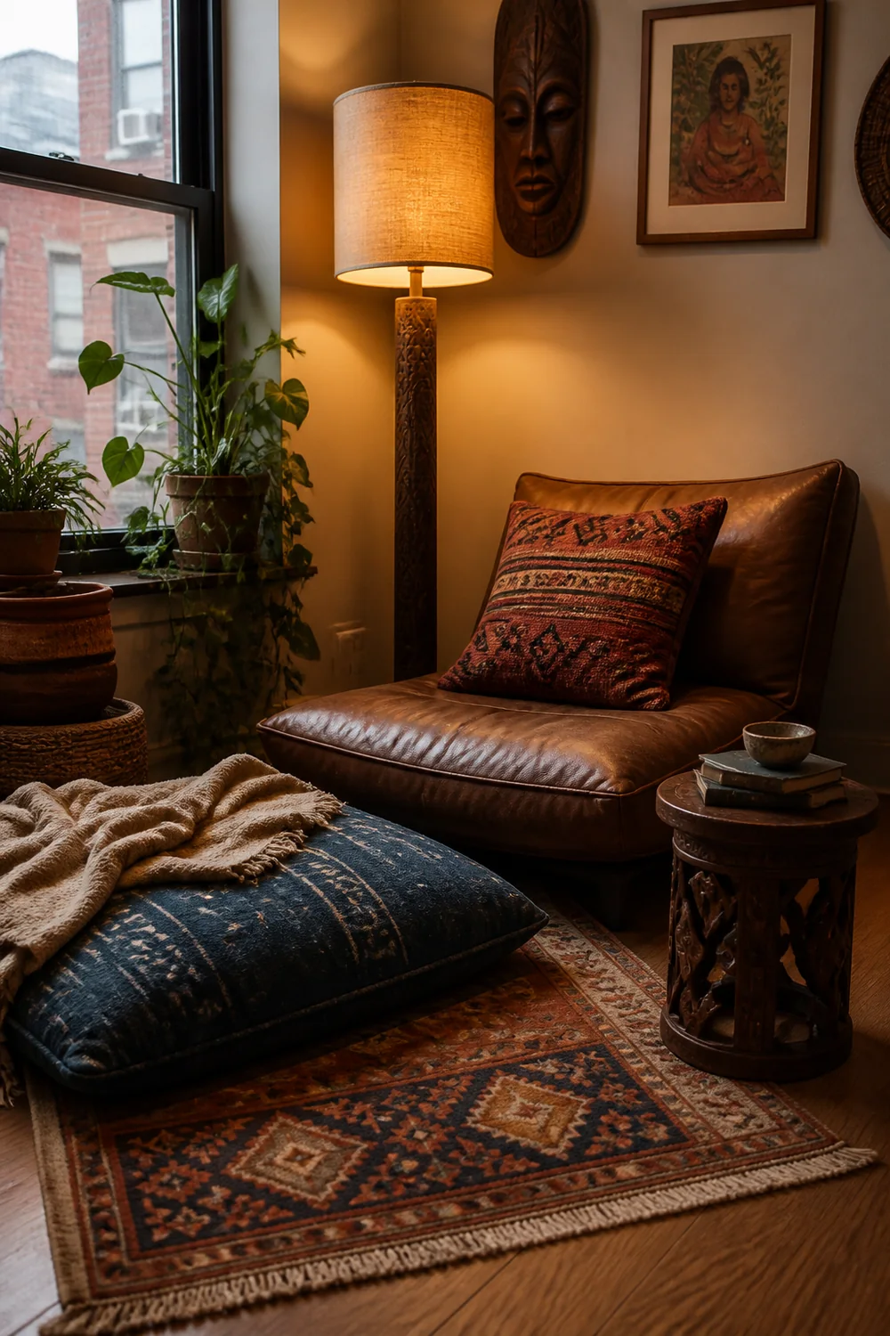 Cozy floor-level Afrobohemian reading corner