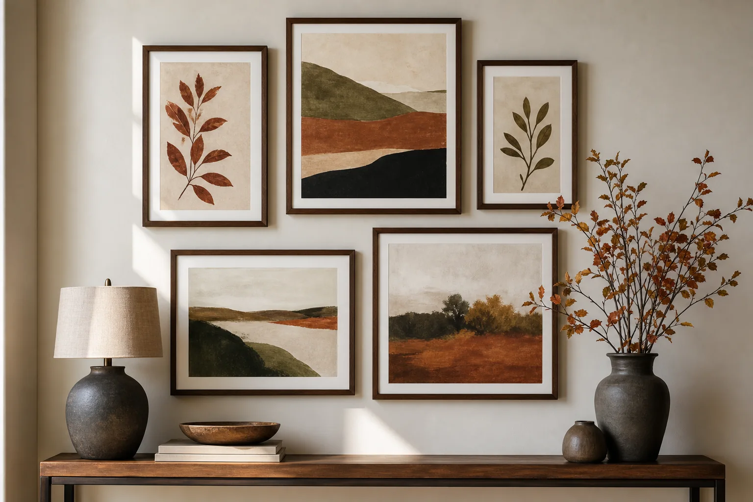 21 Cozy Fall Room Decor Ideas for a Warm, Aesthetic Home 14 Gallery wall of abstract autumn landscapes and botanical prints above a walnut console
