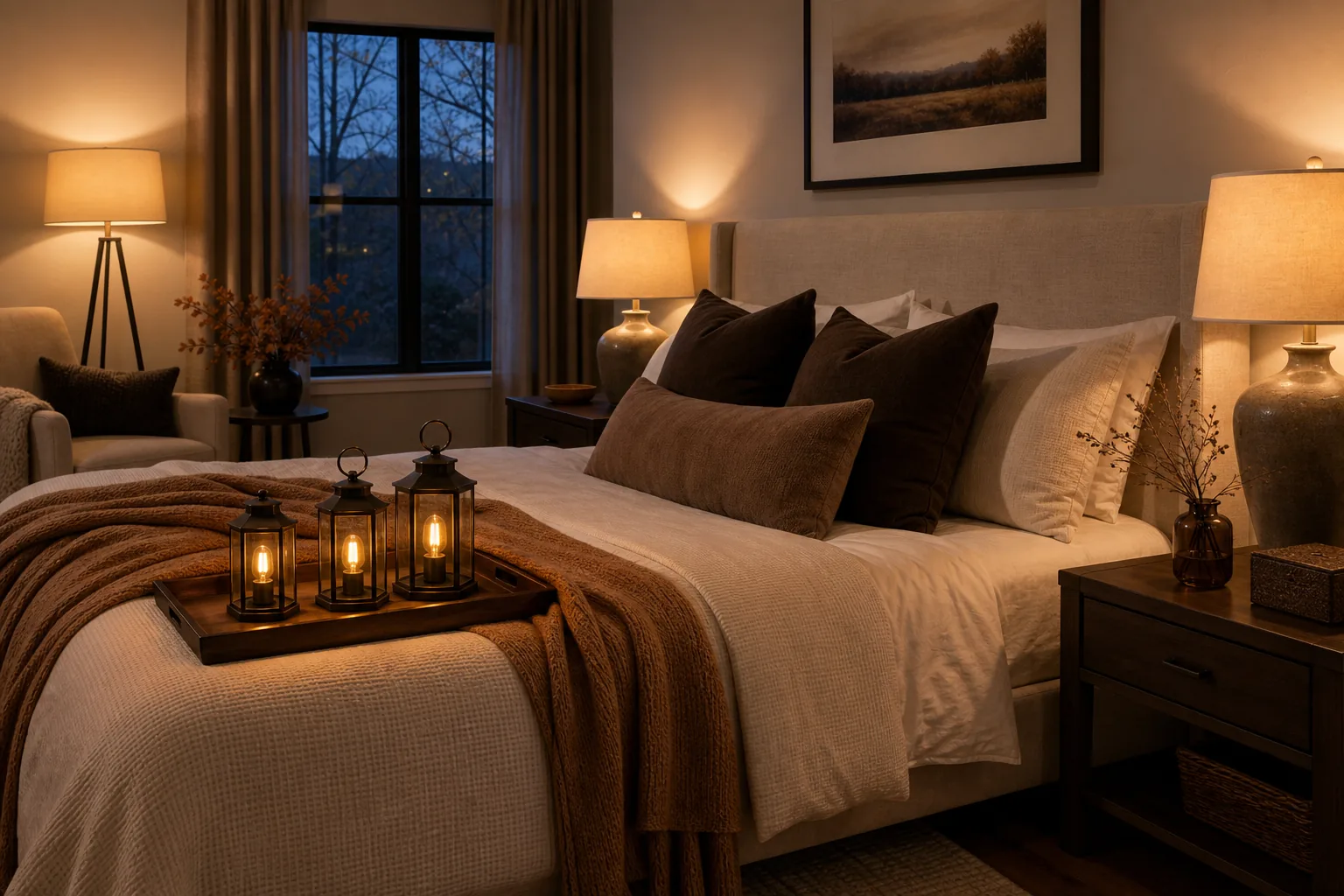 Cozy fall bedroom at blue hour with bedside lamps, a floor lamp and enclosed battery-powered LED lanterns