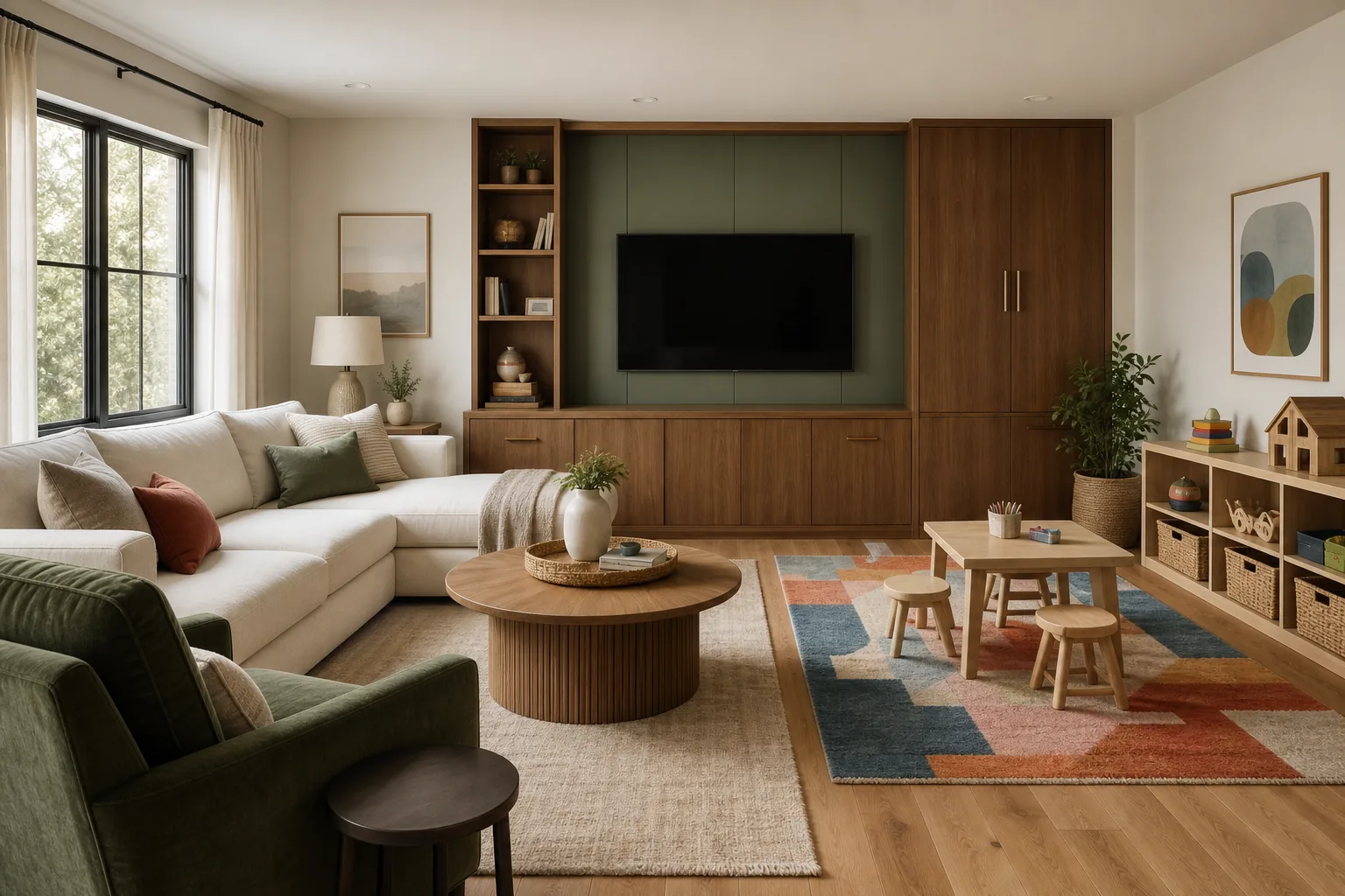 21 Playroom Inspiration Ideas for a Fun, Organized and Beautiful Kids' Space 15 Stylish living room and playroom combination with concealed toy storage, a family sofa and a child-height activity area
