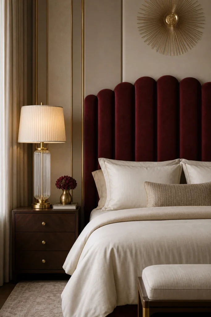 Glamorous Neo Deco bedroom with a curved headboard