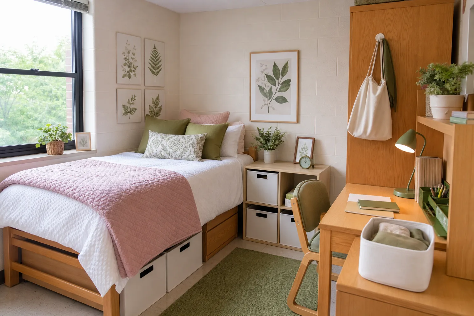Fresh pink and green dorm room with blush bedding, sage accents, botanical art and white storage