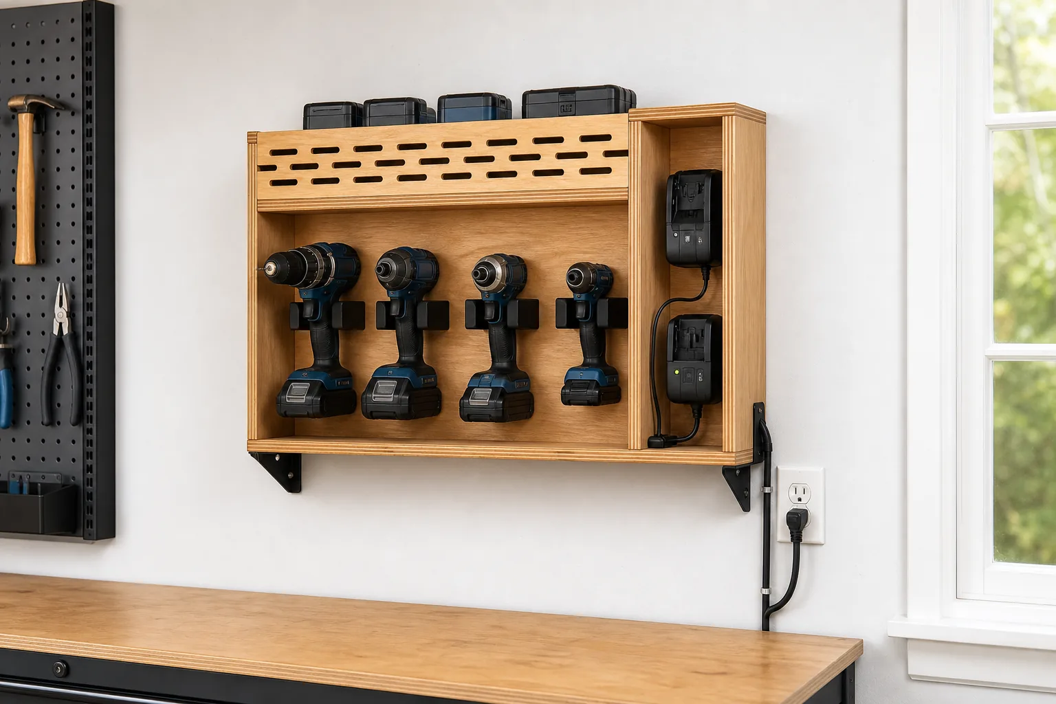 Compact garage power-tool station with drills, batteries and chargers arranged on a ventilated shelf