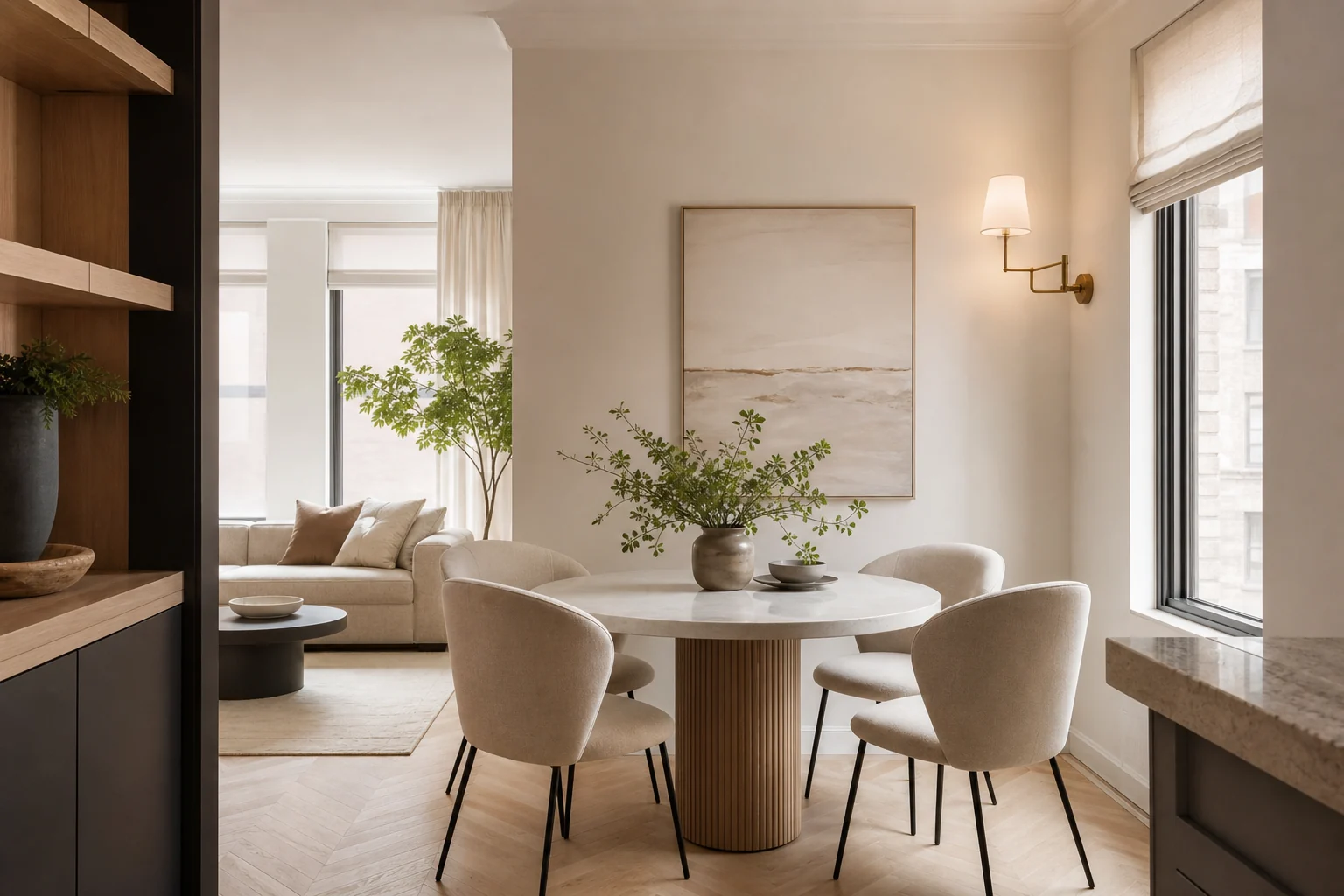 Small apartment dining nook with a round pedestal table