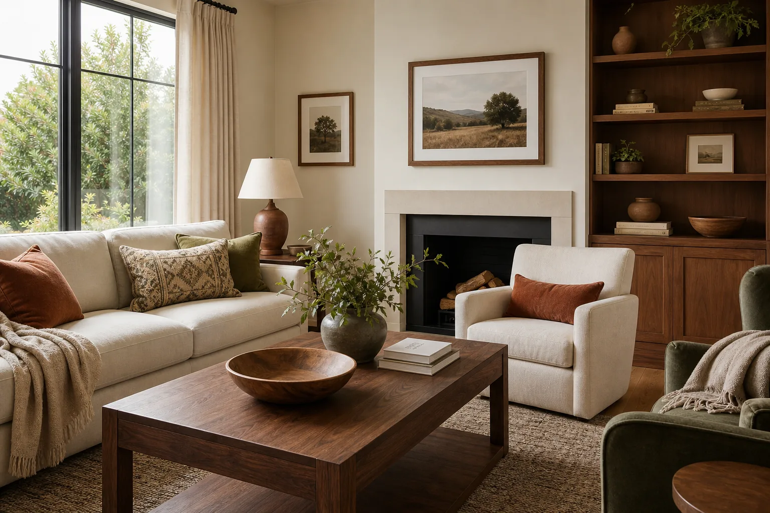 19 Fall Living Room Decor Ideas for 2026 That Feel Cozy and Collected 15 Fall living room connected by repeated walnut wood on tables, frames and shelves