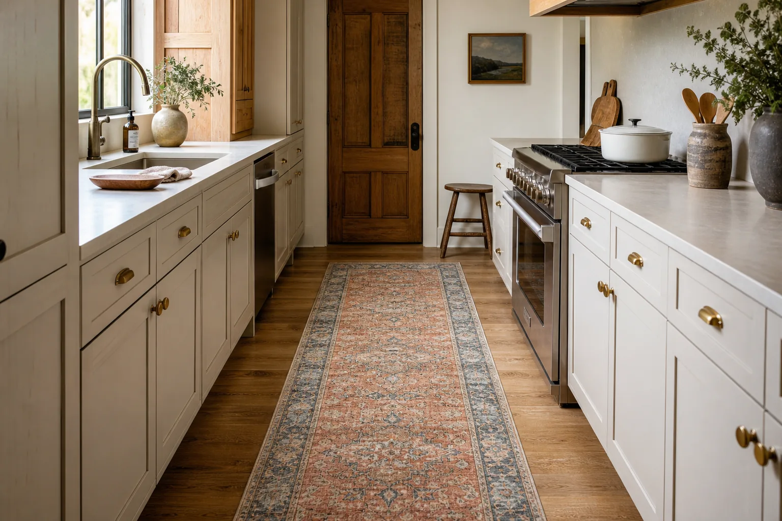 Galley kitchen with a muted terracotta and blue washable runner rug