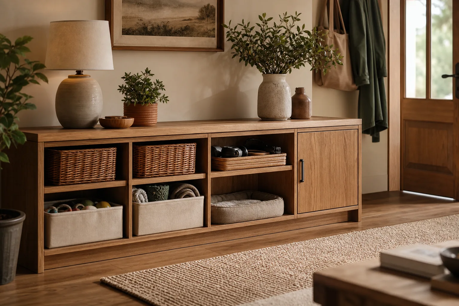 22 Cozy Apartment Aesthetic Ideas That Feel Warm, Not Cluttered 15 Cozy apartment console organized with woven baskets, linen bins and warm wood storage