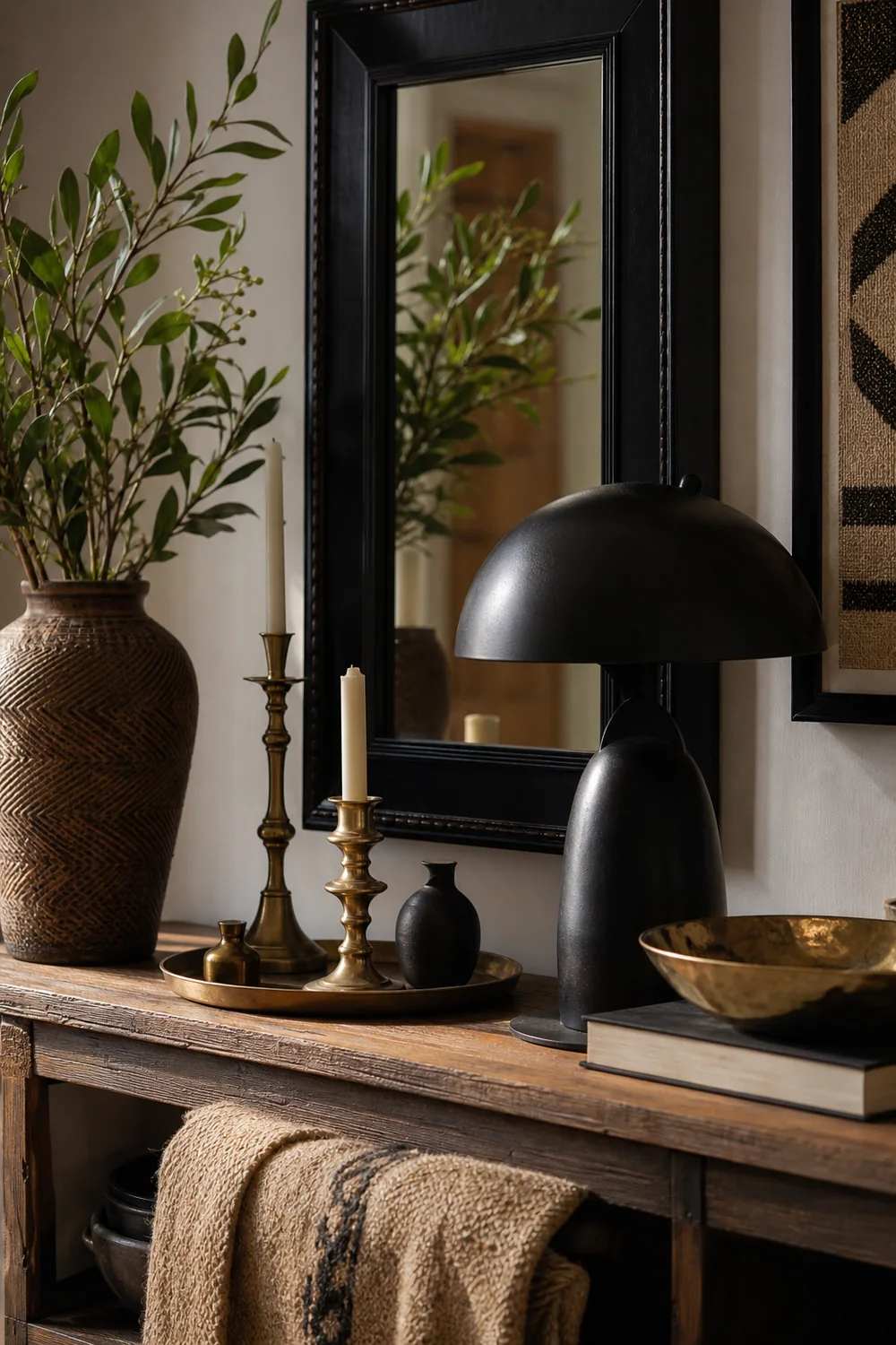 Brass and blackened metal decor on a wood console
