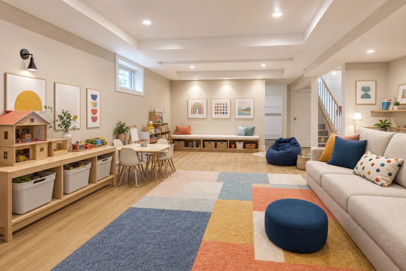 21 Playroom Inspiration Ideas for a Fun, Organized and Beautiful Kids' Space 16 Bright finished basement playroom with pale walls, layered lighting, colorful rug, low storage and activity zones