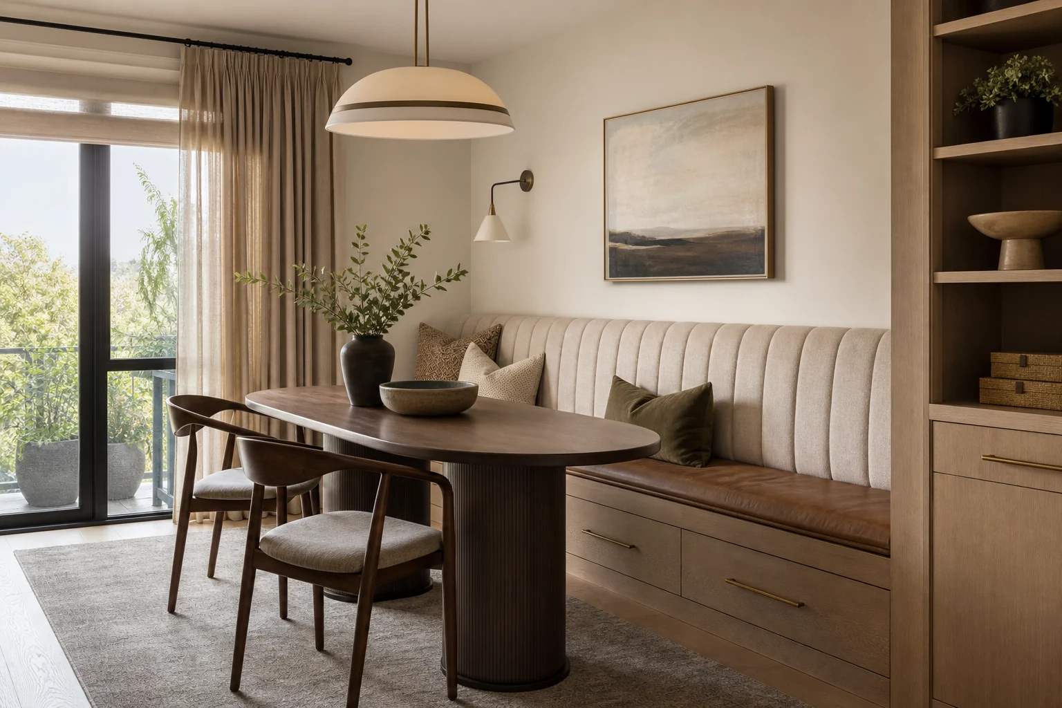 Space-saving built-in dining banquette with storage drawers