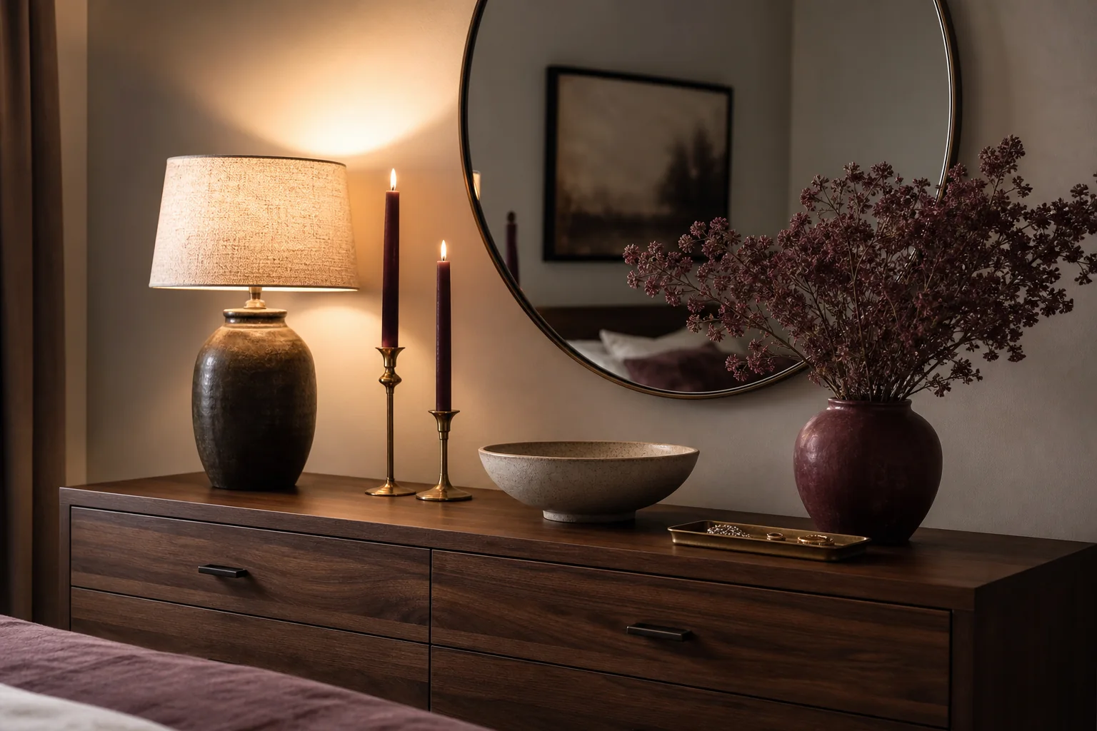 21 Cozy Fall Room Decor Ideas for a Warm, Aesthetic Home 15 Walnut bedroom dresser styled with a warm lamp, burgundy candles and plum dried florals