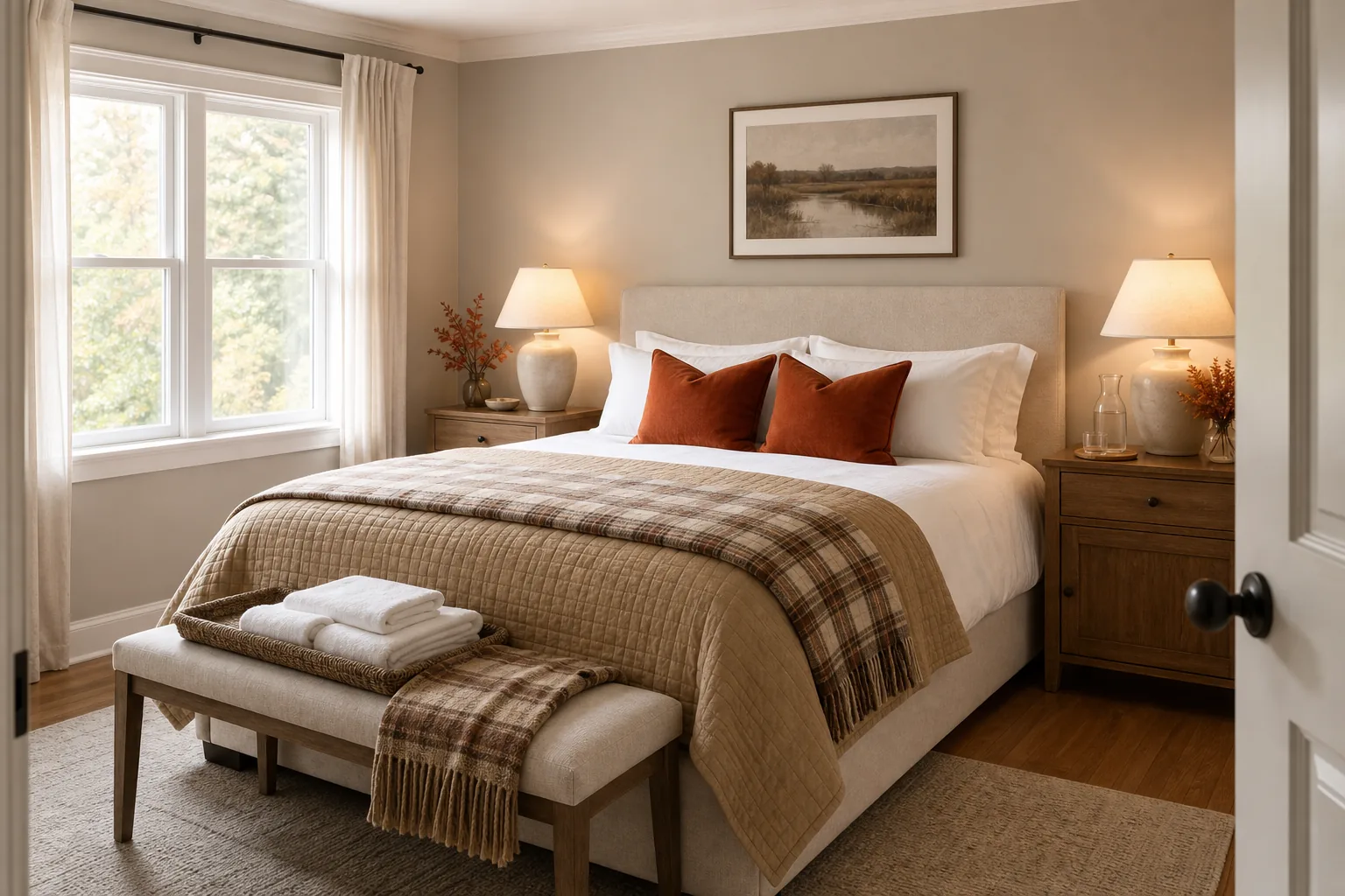 Welcoming fall guest bedroom with white sheets, camel quilt, plaid throw, rust pillows and folded towels