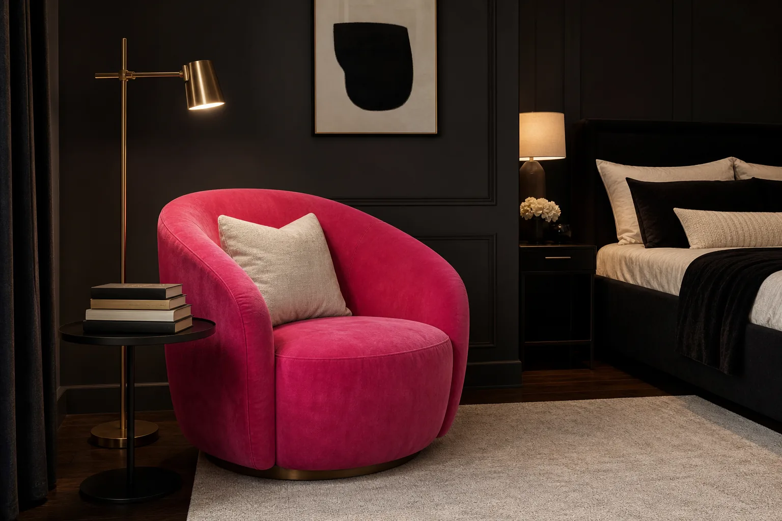 Black bedroom reading corner with a curved hot pink velvet chair, black table and warm floor lamp