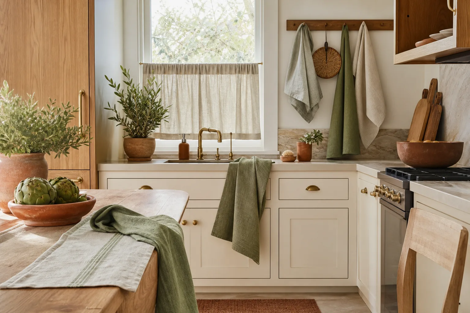 Kitchen with coordinated linen towels, a café curtain and soft olive and terracotta accents