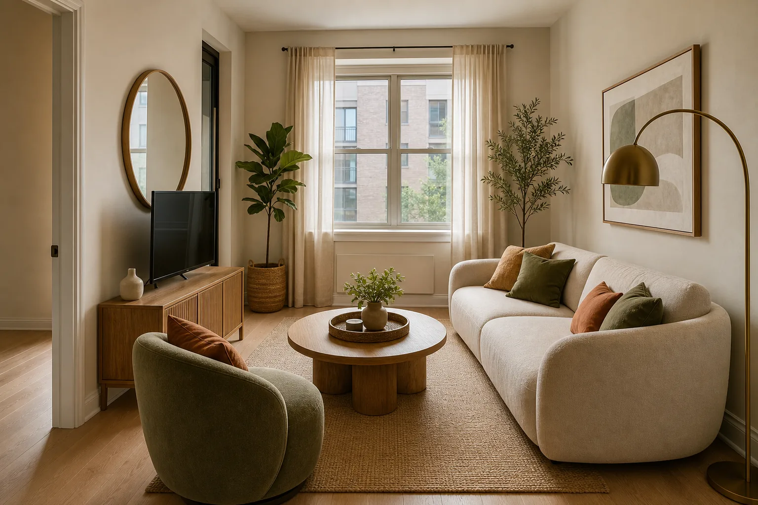 22 Cozy Apartment Aesthetic Ideas That Feel Warm, Not Cluttered 16 Small apartment living room softened by a round coffee table, curved chair and arched floor lamp