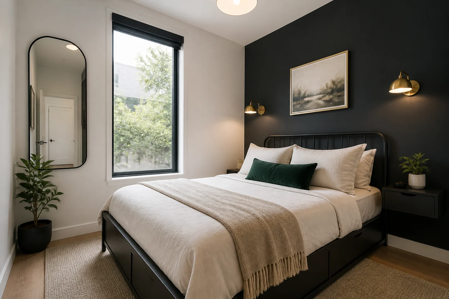 Small Black Nouveau bedroom with one charcoal accent wall, cream bedding, emerald pillow and wall-mounted brass lights