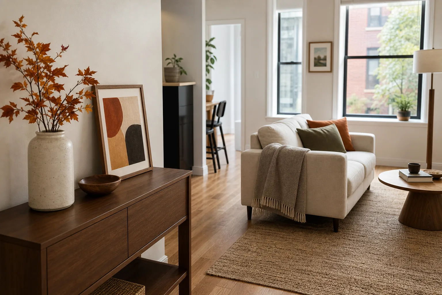 19 Fall Living Room Decor Ideas for 2026 That Feel Cozy and Collected 16 Small apartment living room with one edited fall decor zone on a compact console