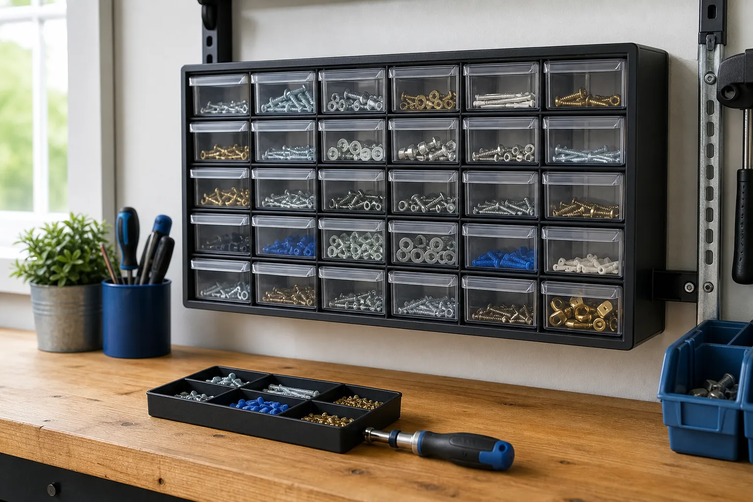 Garage workbench with transparent small-parts drawers organized for screws, anchors, washers and fittings