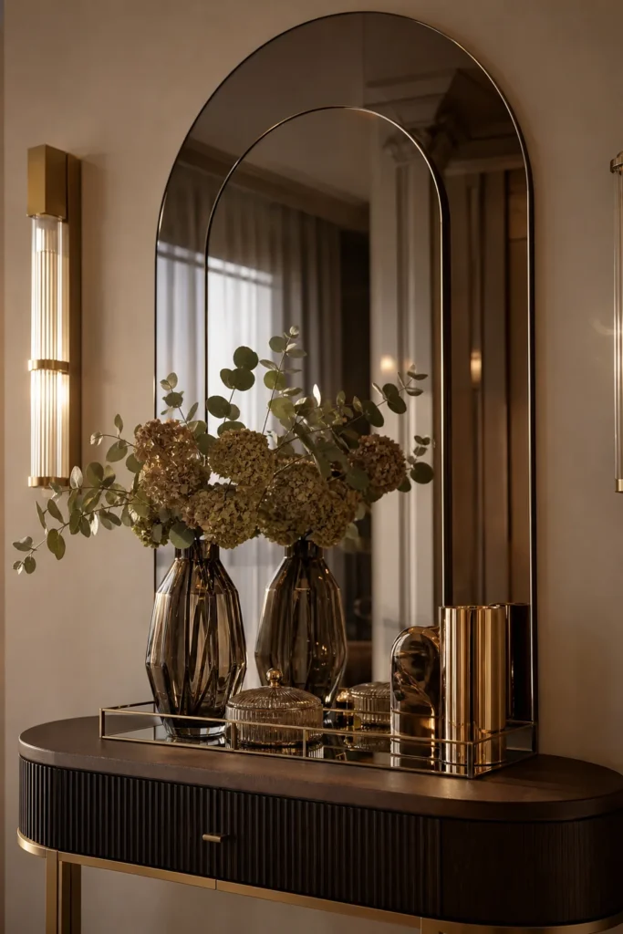 Smoked glass and layered mirrors in a luxe interior