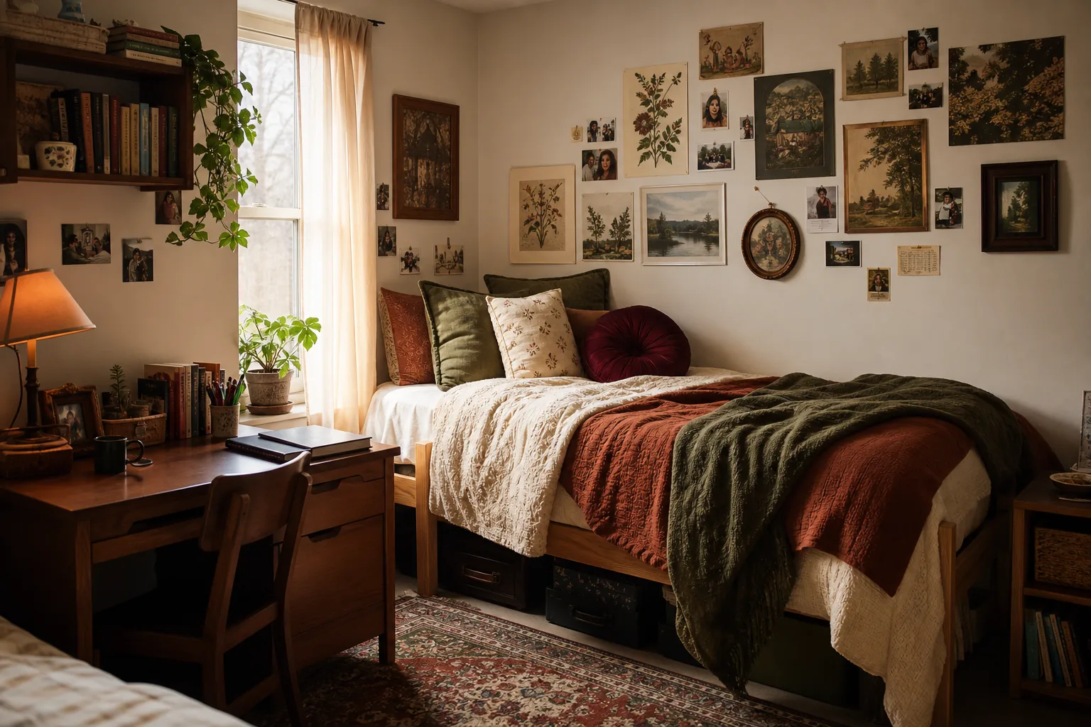 Vintage maximalist dorm room with layered rust and olive bedding, curated posters, warm lamps and organized personal collections