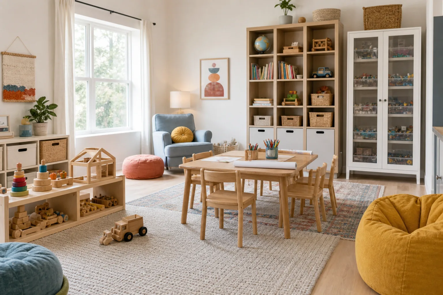 21 Playroom Inspiration Ideas for a Fun, Organized and Beautiful Kids' Space 17 Age-flexible shared playroom with toddler toys, a school-age craft table, reading space and adaptable storage