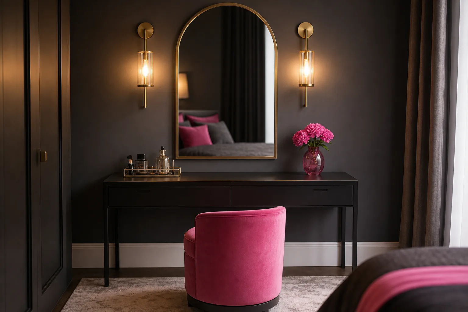 Glam vanity corner with a black desk, hot pink velvet stool, arched mirror and flattering brass lights