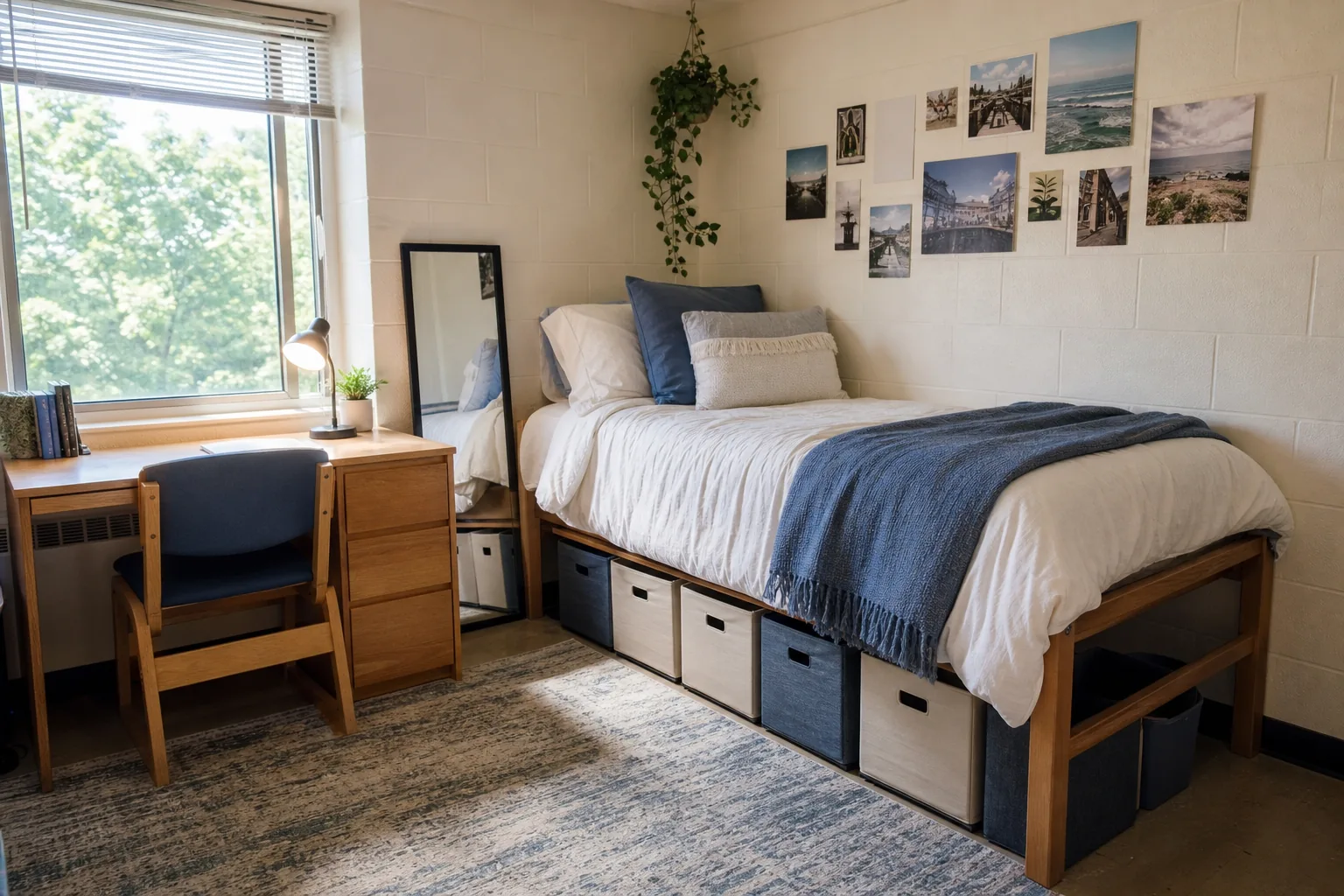 Budget-friendly dorm makeover with coordinated bedding, secondhand rug, removable wall art and organized storage
