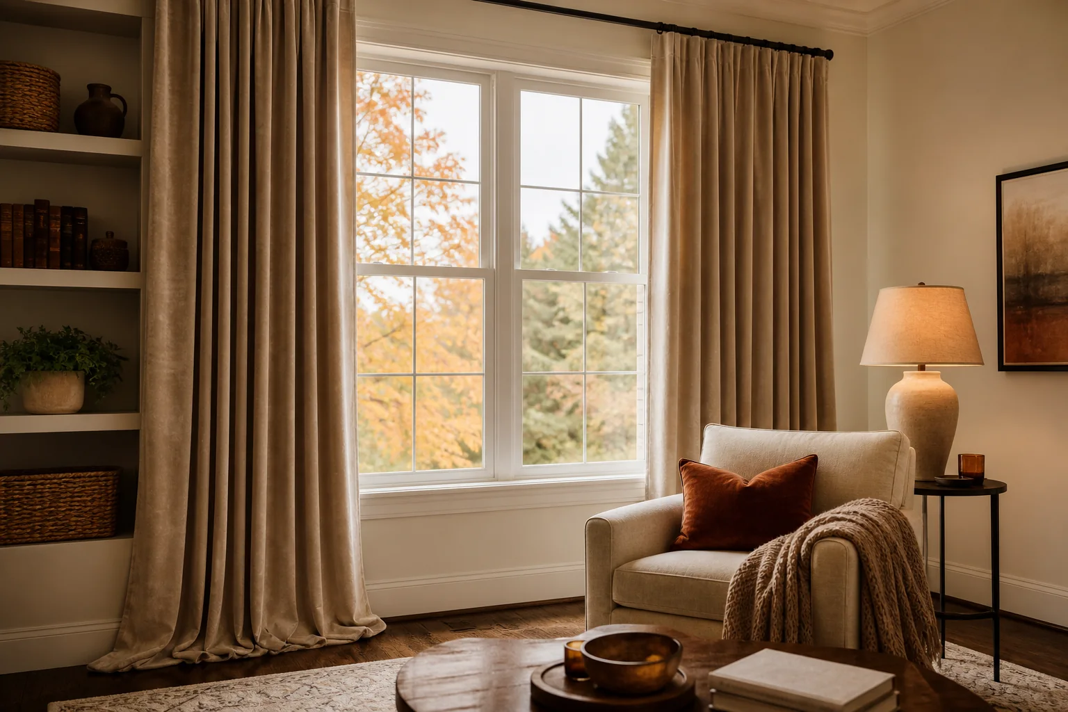 21 Cozy Fall Room Decor Ideas for a Warm, Aesthetic Home 16 Cozy fall sitting room with floor-to-ceiling oatmeal curtains, a cream chair and rust pillow