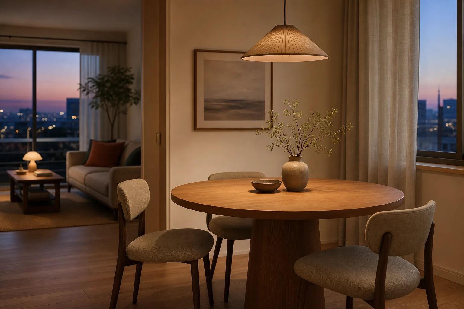 22 Cozy Apartment Aesthetic Ideas That Feel Warm, Not Cluttered 17 Small cozy apartment dining nook with a round wood table, pendant glow and upholstered chairs