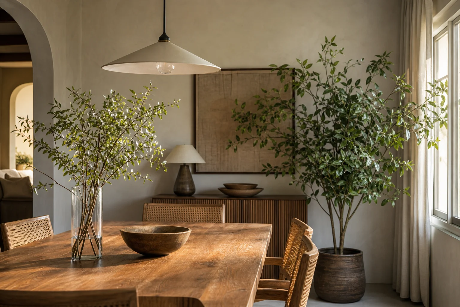 Balanced dining room greenery with indoor plants and leafy branches
