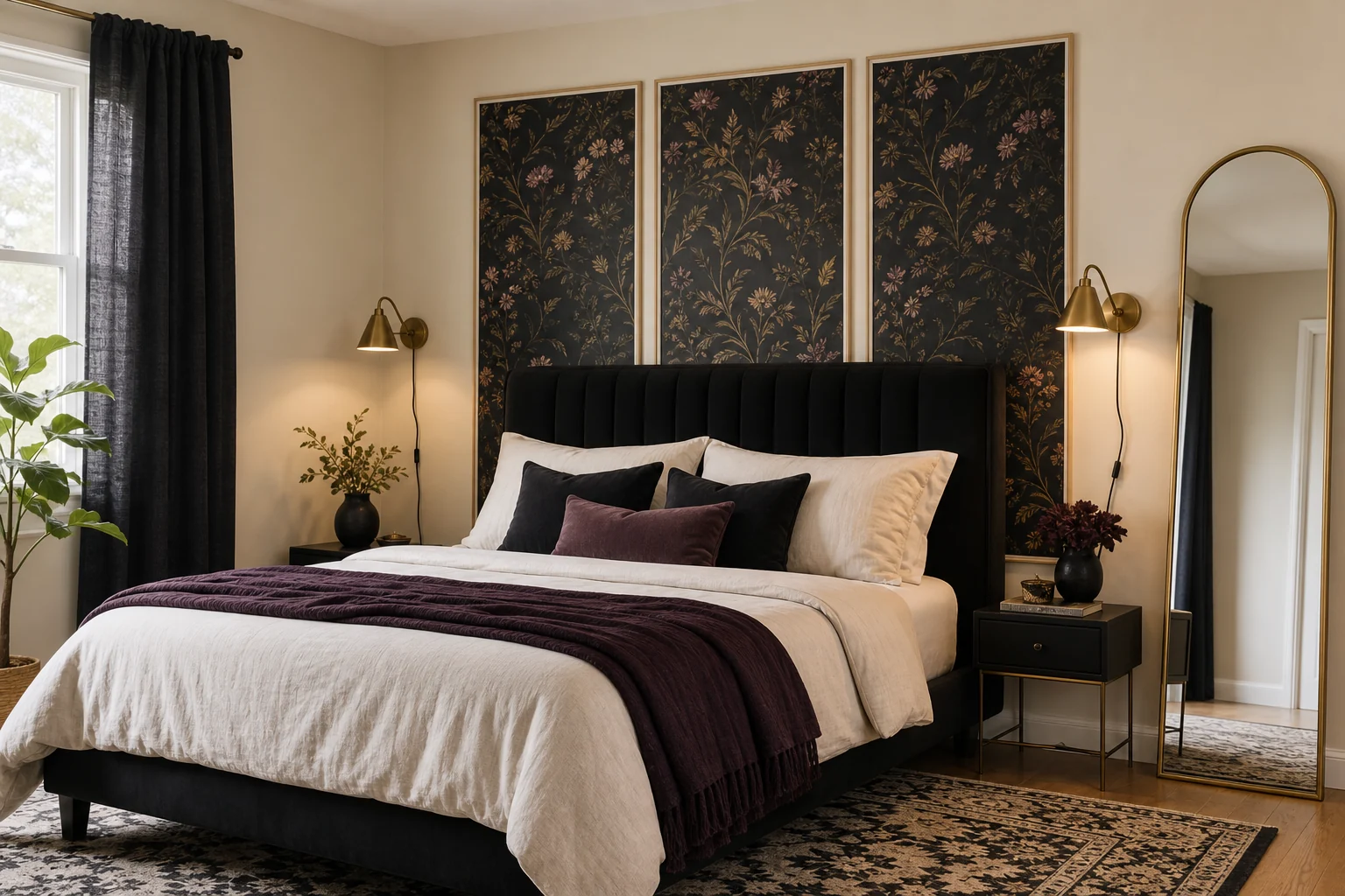 Renter-friendly dark bedroom with removable botanical panels, black textiles, brass lamps and cream walls