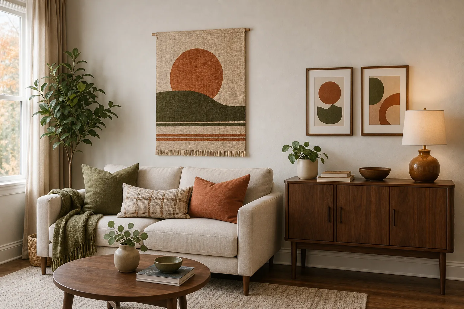 19 Fall Living Room Decor Ideas for 2026 That Feel Cozy and Collected 17 Renter-friendly fall living room wall styled with a lightweight textile and removable frames