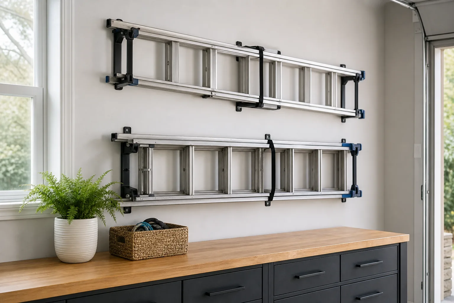 Folding ladders stored horizontally on rated garage wall hooks above a low storage cabinet
