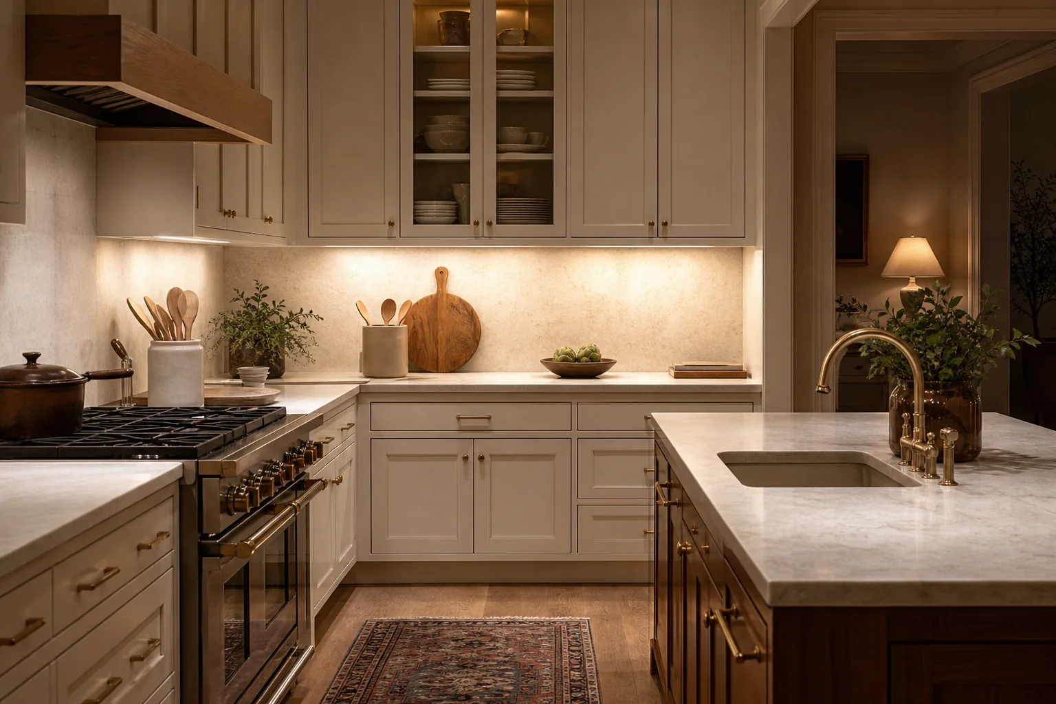 Warm evening kitchen with under-cabinet lighting illuminating a styled backsplash and counter