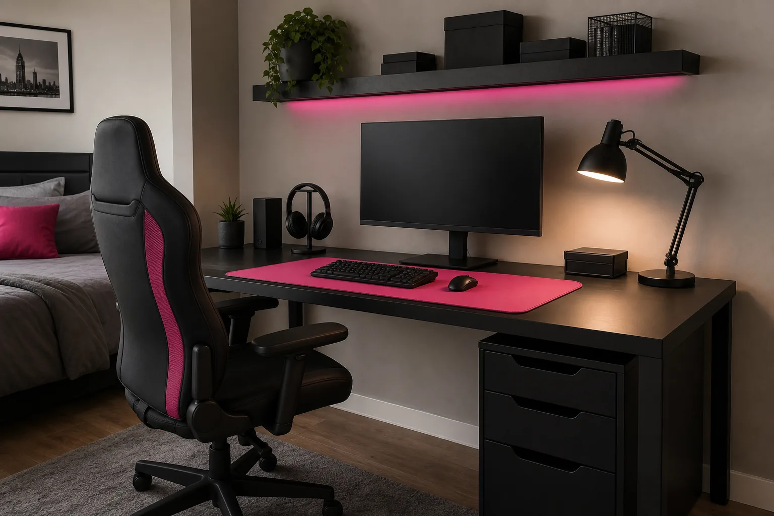 Sophisticated black and hot pink creative desk with organized storage, subtle LED light and ergonomic chair