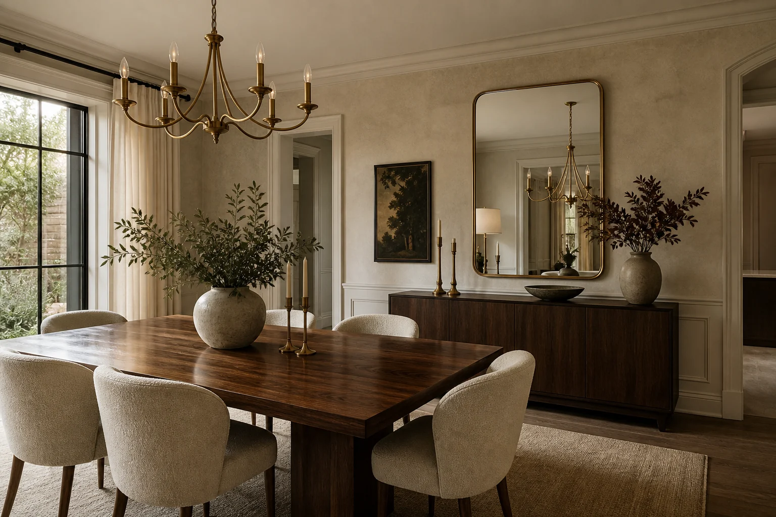 Restrained aged brass accents in an elegant dining room